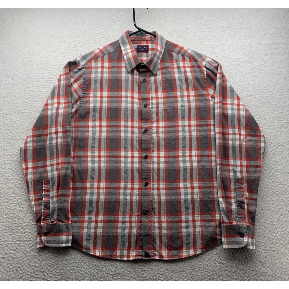 UNTUCKit Button Up Shirt Mens Large L Gray Red White Plaid Casual Comfort Preppy